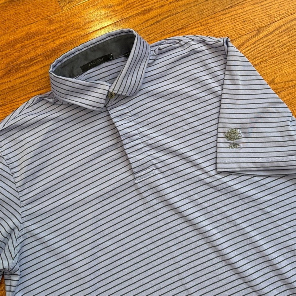 Greyson Golf Mill River Club Performance Polo Shirt Mens Medium Blue Striped